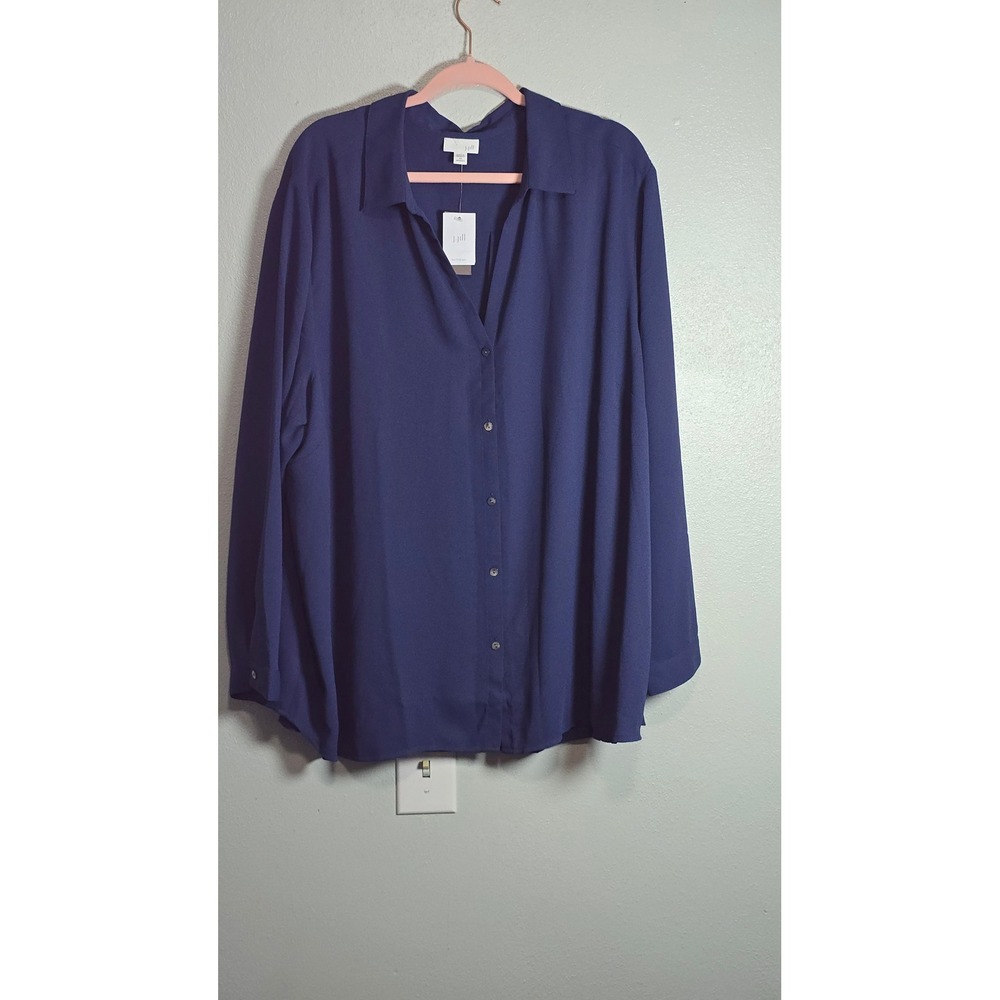 J. Jill Women 4X Navy Blue Button Front Blouse Long Sleeve Relaxed Fit NWT
